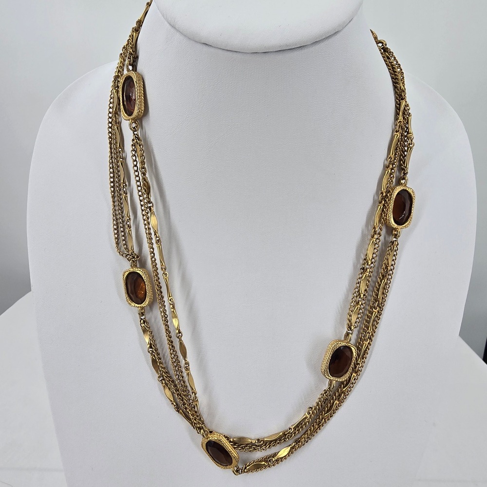 Sarah Coventry Vintage Necklace Gold Tone Multi Strand Amber Glass Stone - Picture 6 of 10